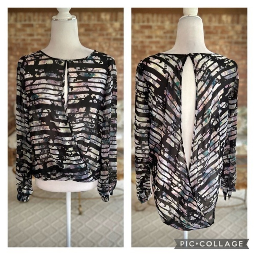 Bar III Top Open Back High Low Open Black Floral Striped S Cocktail Edgy Boho